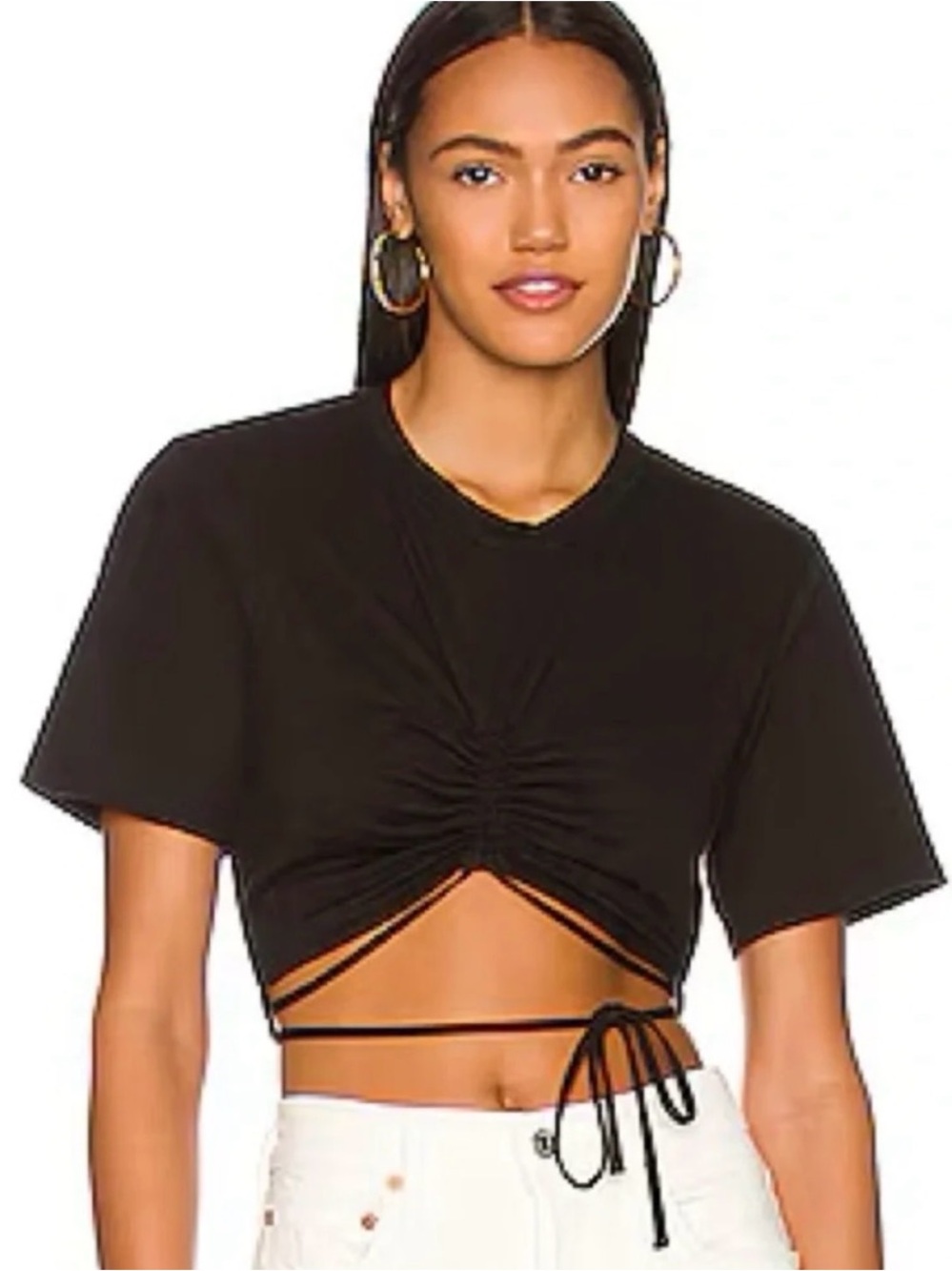 Black Ruched Front Tie Waist Crop Top - Women